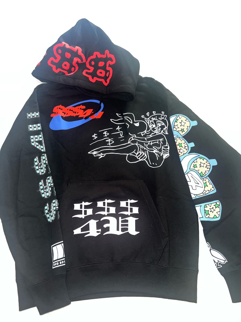 OVO 2025 limited edition $$$4U Black Graphic Drake Hoodie with Multicolor Prints
